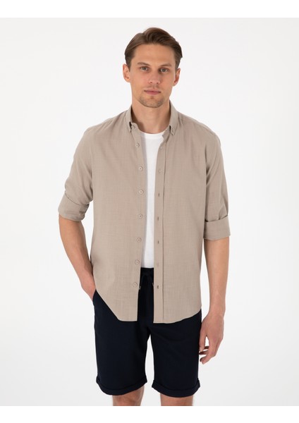 Erkek Vizon Keten Görünümlü Slim Fit Uzun Kollu Gömlek 50307025-VR052