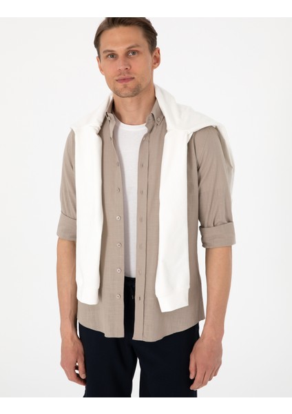 Erkek Vizon Keten Görünümlü Slim Fit Uzun Kollu Gömlek 50307025-VR052