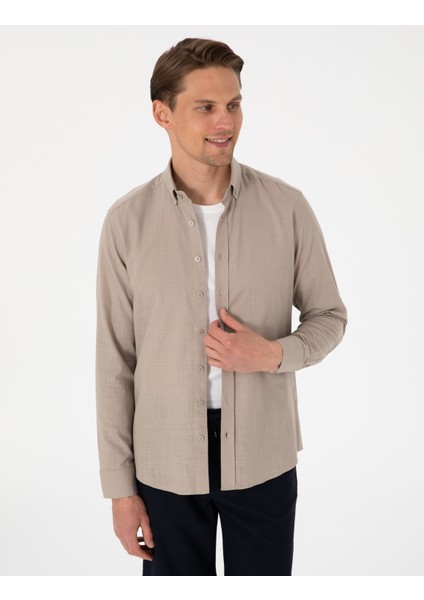 Erkek Vizon Keten Görünümlü Slim Fit Uzun Kollu Gömlek 50307025-VR052