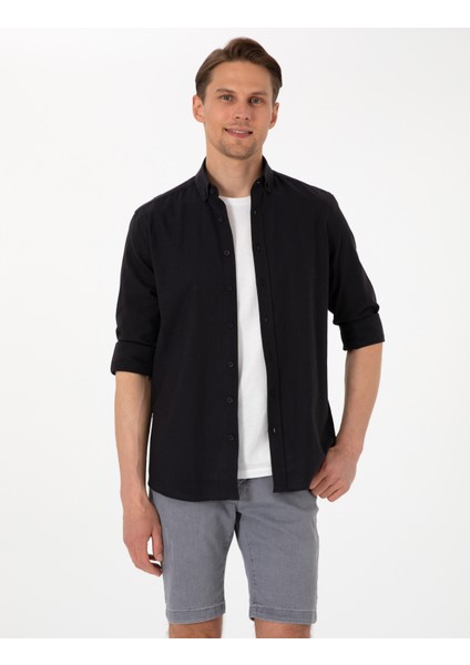 Erkek Siyah Keten Görünümlü Slim Fit Uzun Kollu Gömlek 50307025-VR046