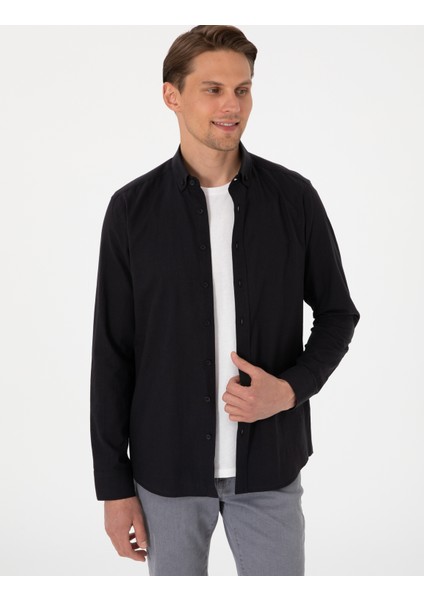 Erkek Siyah Keten Görünümlü Slim Fit Uzun Kollu Gömlek 50307025-VR046 modelleri