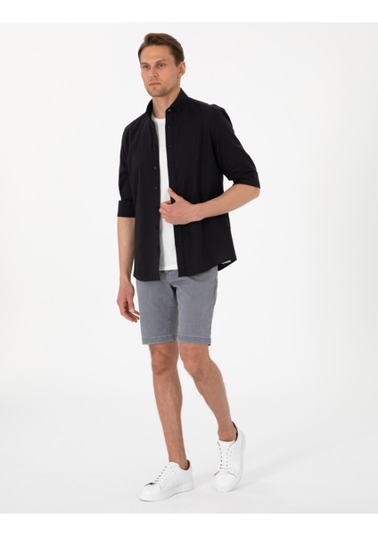 Erkek Siyah Keten Görünümlü Slim Fit Uzun Kollu Gömlek 50307025-VR046 fırsatları