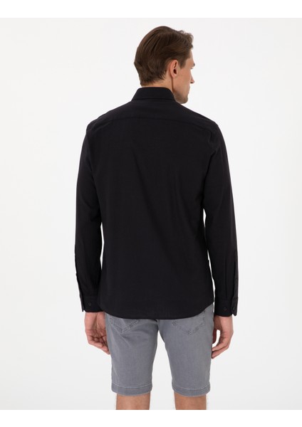 Erkek Siyah Keten Görünümlü Slim Fit Uzun Kollu Gömlek 50307025-VR046 indirimleri