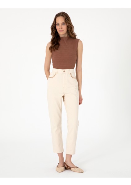 Kadın Ekru Mom High Waist Fit Jean Pantolon 50301840-VR019