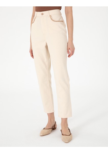 Kadın Ekru Mom High Waist Fit Jean Pantolon 50301840-VR019