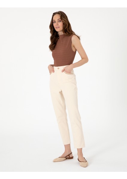 Kadın Ekru Mom High Waist Fit Jean Pantolon 50301840-VR019