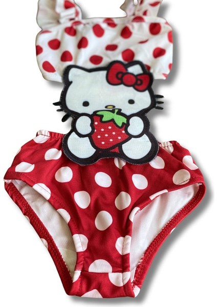 Kız Çocuk Hello Kitty Figürlü Kırmızı Beyaz Puantiyeli Fırfırlı Kol Beli Lastikli Mayokini Çocuk Mayo fiyatları
