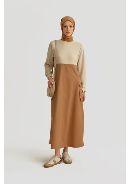 Paraşüt Kumaş Mix Örme Elbise ORTD9437 Camel