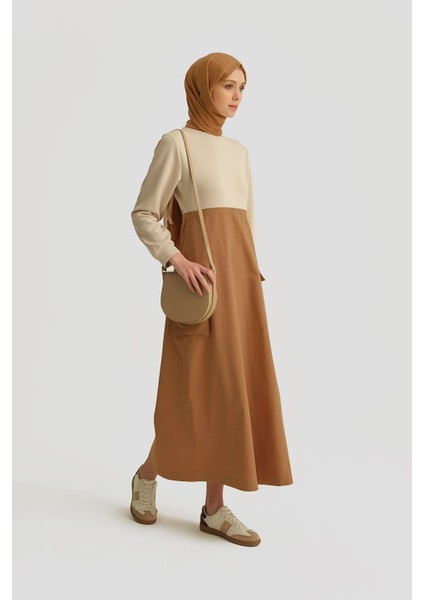 Paraşüt Kumaş Mix Örme Elbise ORTD9437 Camel