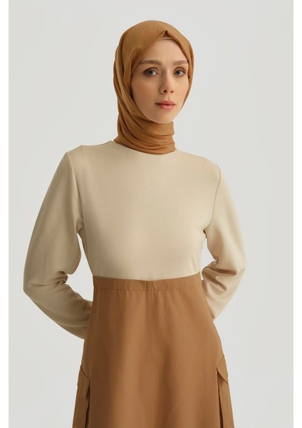 Paraşüt Kumaş Mix Örme Elbise ORTD9437 Camel