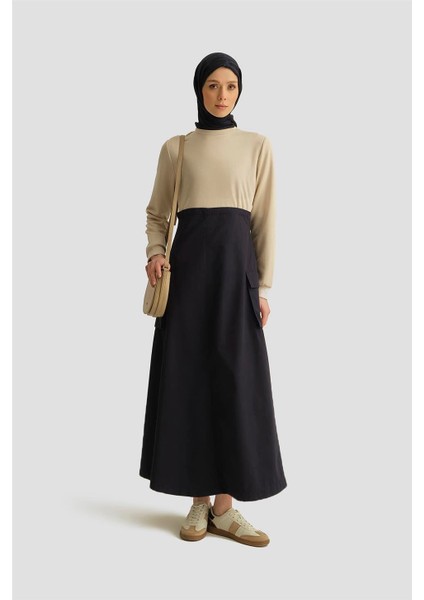Paraşüt Kumaş Mix Örme Elbise ORTD9437 Lacivert