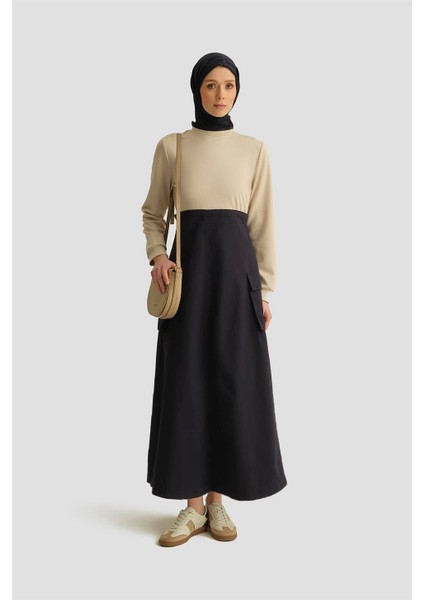 Paraşüt Kumaş Mix Örme Elbise ORTD9437 Lacivert