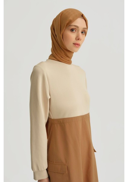 Paraşüt Kumaş Mix Örme Elbise ORTD9437 Camel