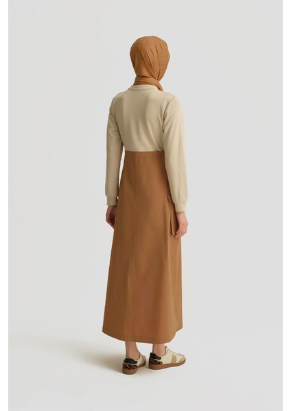 Paraşüt Kumaş Mix Örme Elbise ORTD9437 Camel