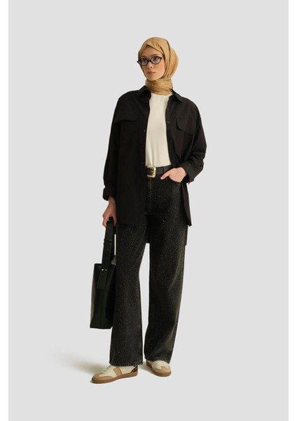 İki Cepli Oversize Gömlek 25YH3443 Siyah