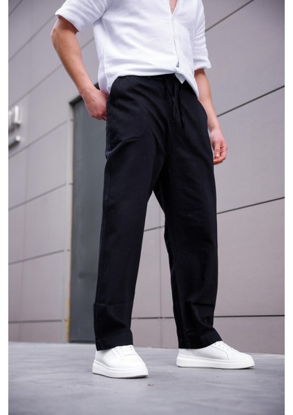 Keten Baggy Siyah Renk Erkek Pantolon