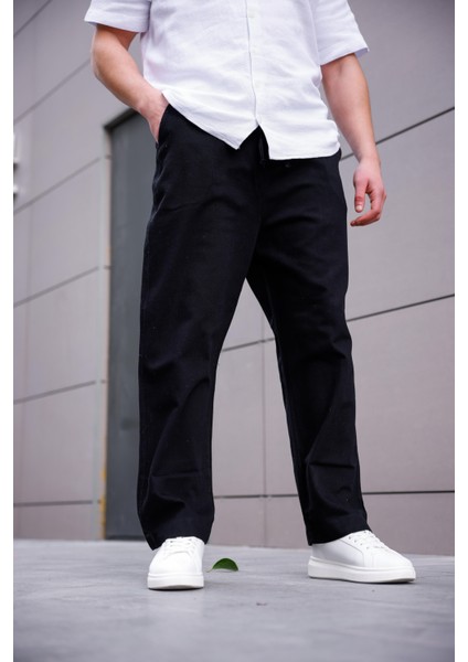 Keten Baggy Siyah Renk Erkek Pantolon