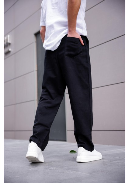Keten Baggy Siyah Renk Erkek Pantolon