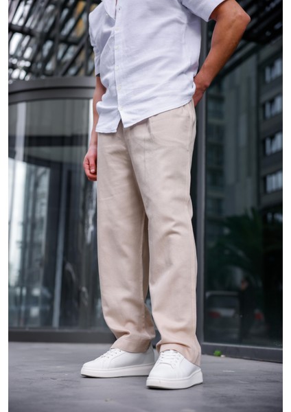 Keten Baggy Bej Renk Erkek Pantolon