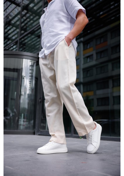 Keten Baggy Bej Renk Erkek Pantolon modelleri