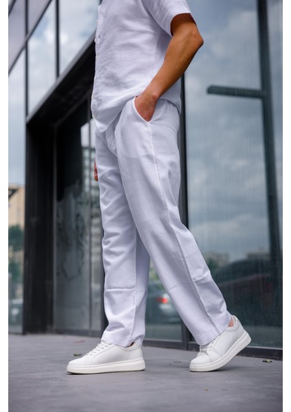 Keten Baggy Beyaz Renk Erkek Pantolon fırsatları