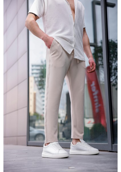 Erkek Bej Renk Likralı Kumaş Jogger Pantolon