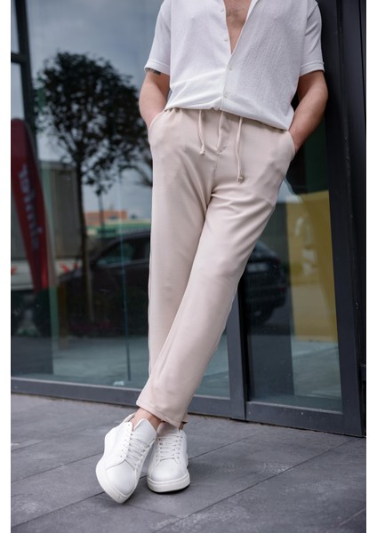 Erkek Bej Renk Likralı Kumaş Jogger Pantolon