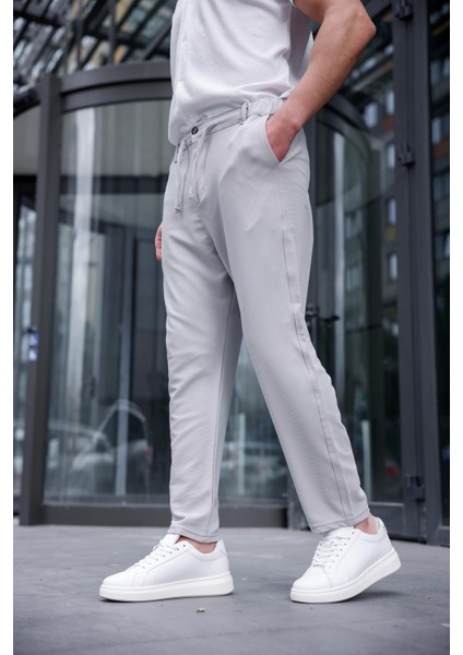 Erkek Taş Renk Likralı Kumaş Jogger Pantolon