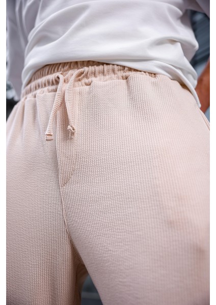 Erkek Bej Renk Burgu Desen Örme Kumaş Baggy Pantolon