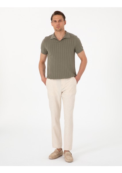 Erkek Bej Slim Fit Keten Karışımlı Çizgili Kanvas Pantolon 50301754-VR011