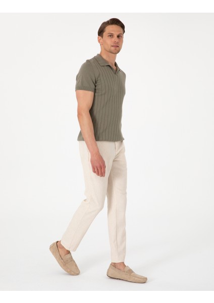 Erkek Bej Slim Fit Keten Karışımlı Çizgili Kanvas Pantolon 50301754-VR011 modelleri