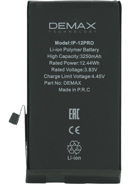 Demax Apple iPhone 12 Pro Güçlendirilmiş Yüksek Kapasiteli Batarya 3250 Mah