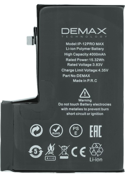 Demax Apple iPhone 12 Pro Max Güçlendirilmiş Yüksek Kapasiteli Batarya 4000 Mah