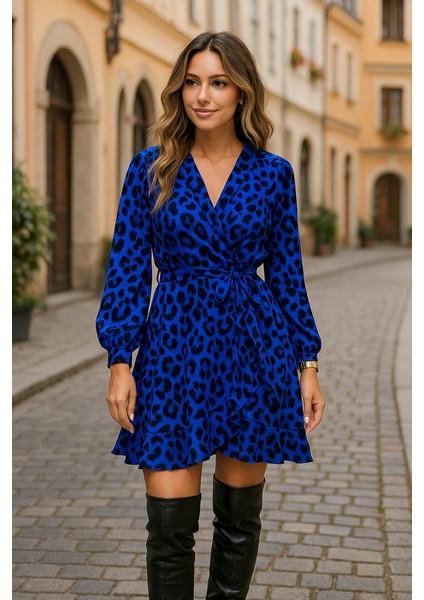 Kadın Uzun Kollu Kruvaze Yaka Belden Kuşaklı Leopar Desenli Dalgıç Elbise