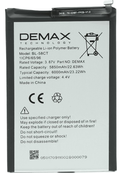 Demax Tecno Spark 7t Güçlendirilmiş Batarya BL-58CT