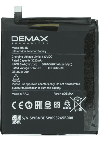 Demax Xiaomi Mi 8 Se Güçlendirilmiş Batarya BM3D
