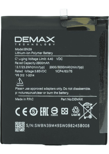 Demax Xiaomi Mi Play Güçlendirilmiş Batarya BN39