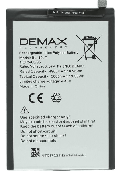 Demax Tecno Spark 9 Pro Güçlendirilmiş Batarya BL-49JT