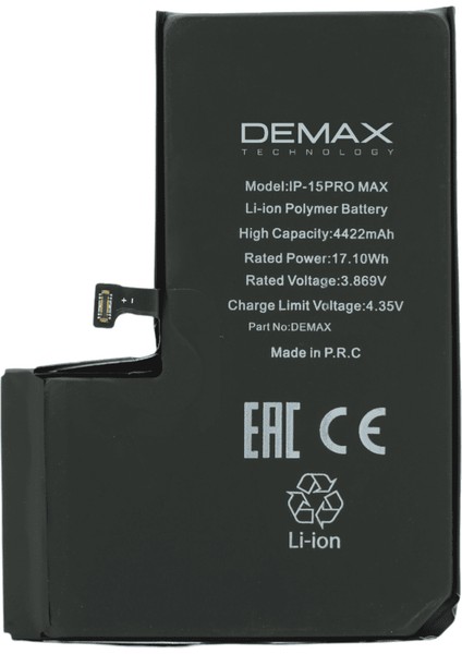 Demax Apple iPhone 15 Pro Max Güçlendirilmiş Yüksek Kapasiteli Batarya 4422 Mah
