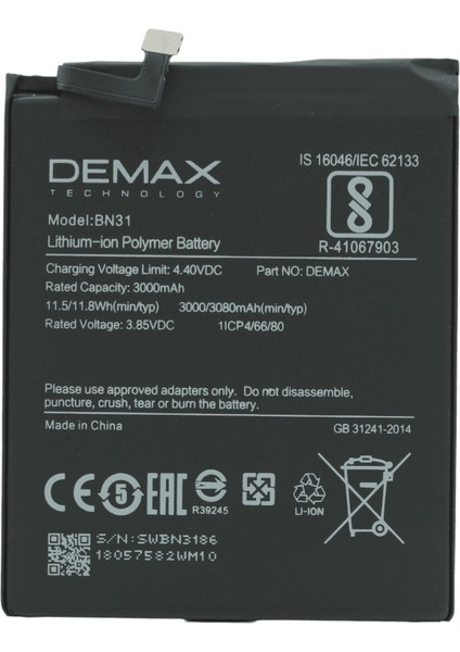 Demax Xiaomi Mi A1 Güçlendirilmiş Batarya BN31