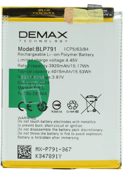 Demax Oppo Reno 4 Güçlendirilmiş Batarya BLP791