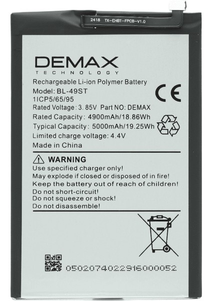 Demax Tecno Spark 10 Pro Güçlendirilmiş Batarya BL-49ST