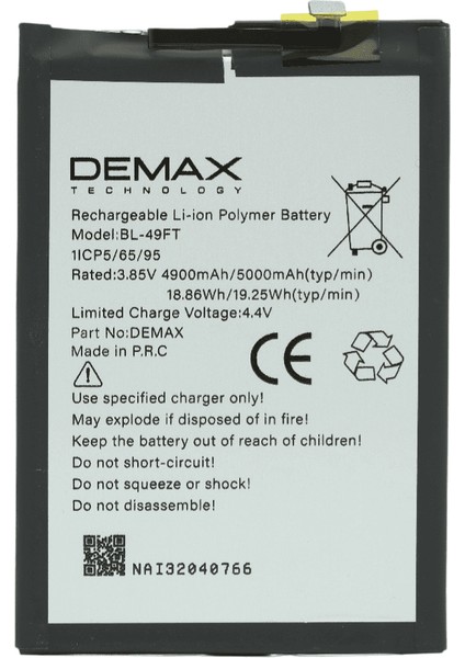 Demax Tecno Spark 9t Güçlendirilmiş Batarya BL-49FT