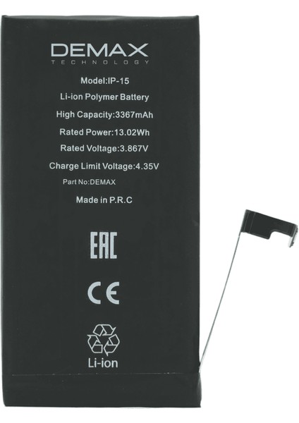 Demax Apple iPhone 15 Güçlendirilmiş Yüksek Kapasiteli Batarya 3367 Mah