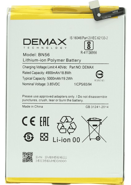 Demax Xiaomi Redmi A1 Plus Güçlendirilmiş Batarya BN56