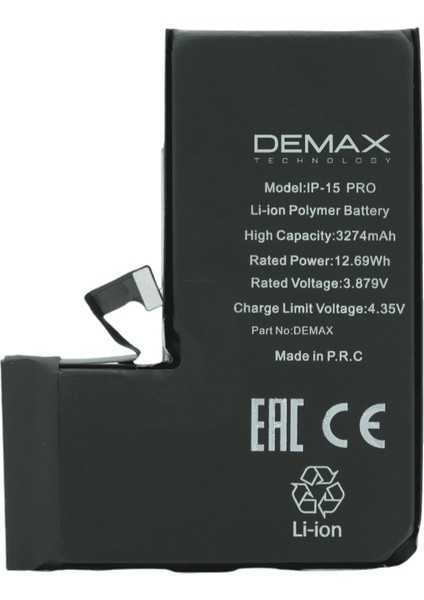 Demax Apple iPhone 15 Pro Güçlendirilmiş Yüksek Kapasiteli Batarya 3274 Mah