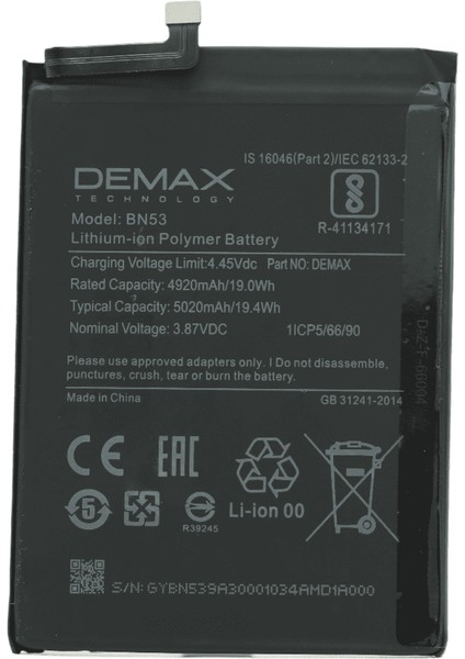 Demax Xiaomi Redmi Note 10 Pro Güçlendirilmiş Batarya BN53
