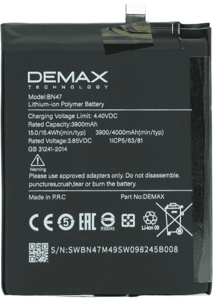 Demax Xiaomi Mi A2 Lite Güçlendirilmiş Batarya BN47