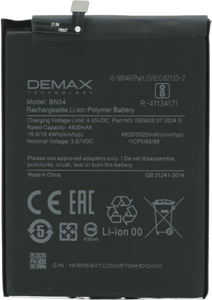 Demax Xiaomi Redmi Note 9 Güçlendirilmiş Batarya BN54