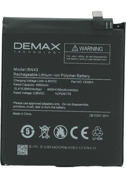 Demax Xiaomi Redmi Note 4x Güçlendirilmiş Batarya BN43
